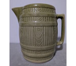 Vintage McCoy Pottery Green Barrel Pitcher Mid Century Stoneware Cider Jug 7.5"